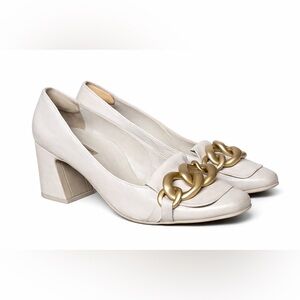 Paul Green White Leather Block Heel Pumps Chain Detail Comfort Women US Size 10